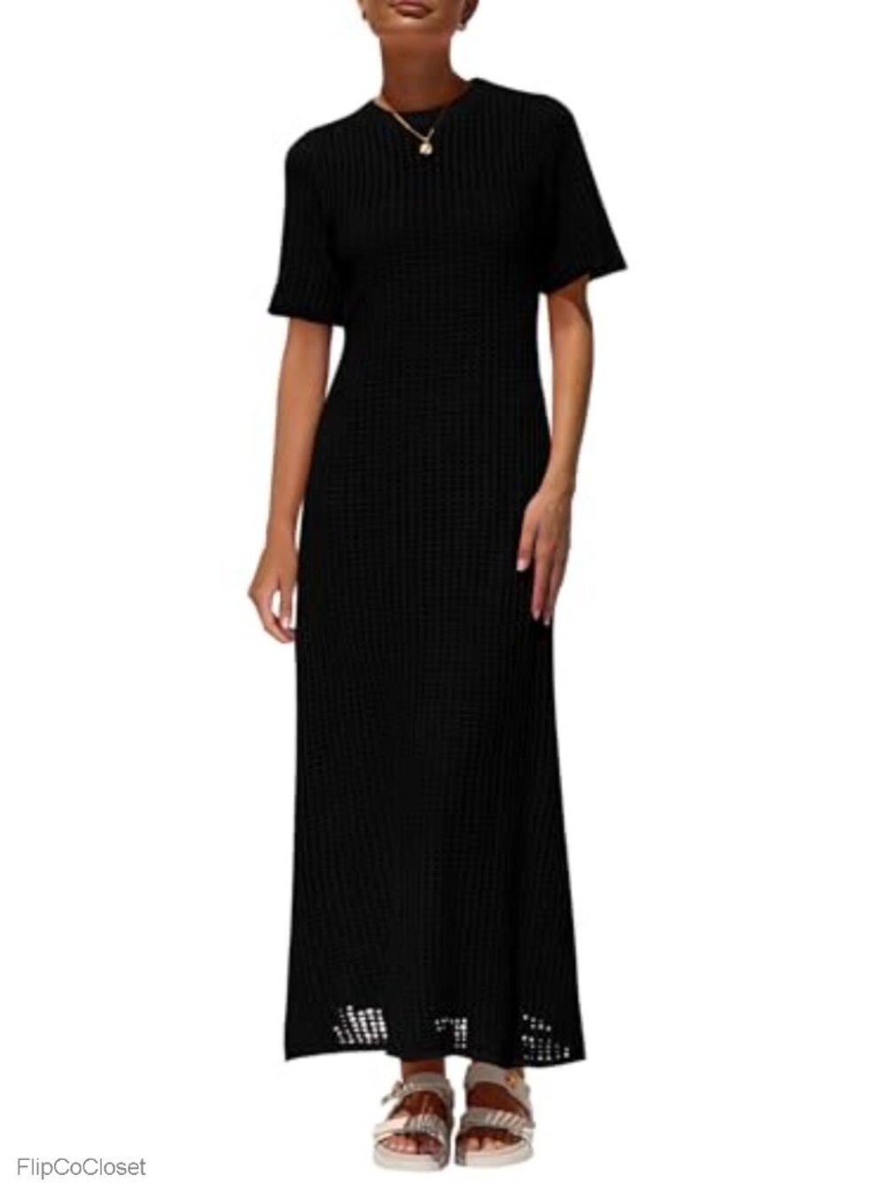 Eyelet Crochet Maxi 2 Piece Dress Set Short Sleeve Vacation Beach
